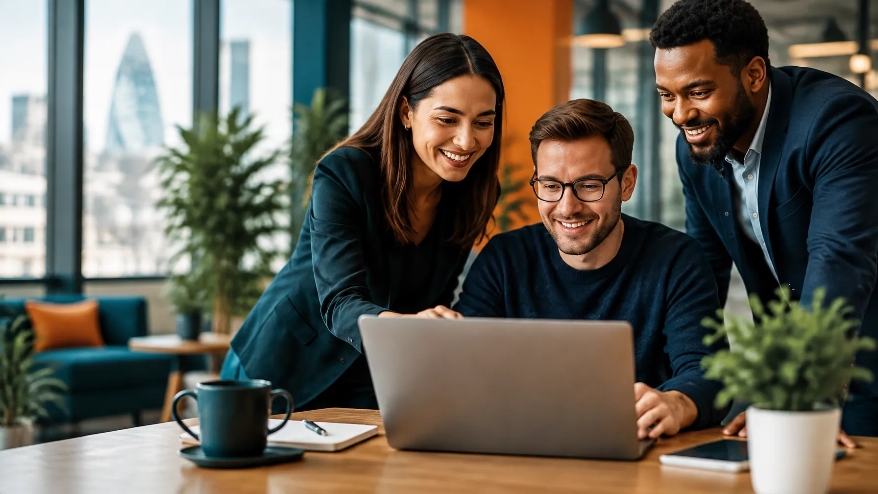 A business leadership team reviewing plans together around a laptop